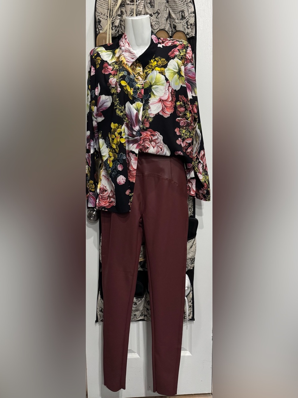 Womens Burgundy Faux Leather Slim Sight Stretch Pants